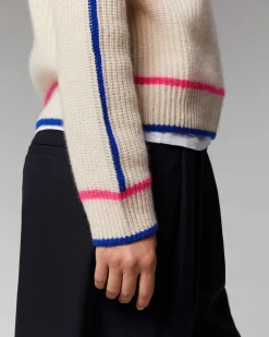 Hot FROM FUTURE Pull Col Montant Tricolore Maille Perlee Sable
