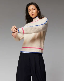 New FROM FUTURE Pull Col Montant Tricolore Maille Perlee Gris Chine Clair