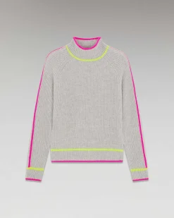 New FROM FUTURE Pull Col Montant Tricolore Maille Perlee Gris Chine Clair