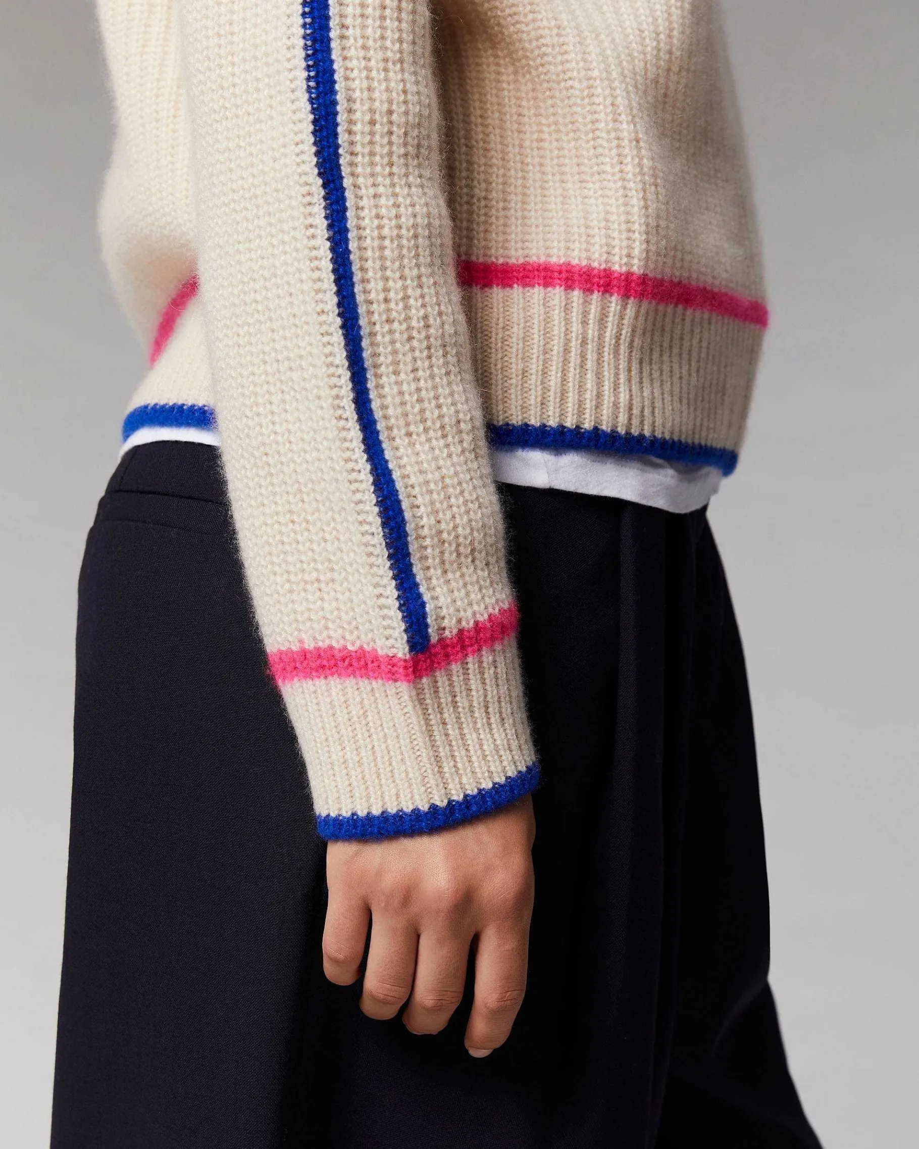 New FROM FUTURE Pull Col Montant Tricolore Maille Perlee Gris Chine Clair
