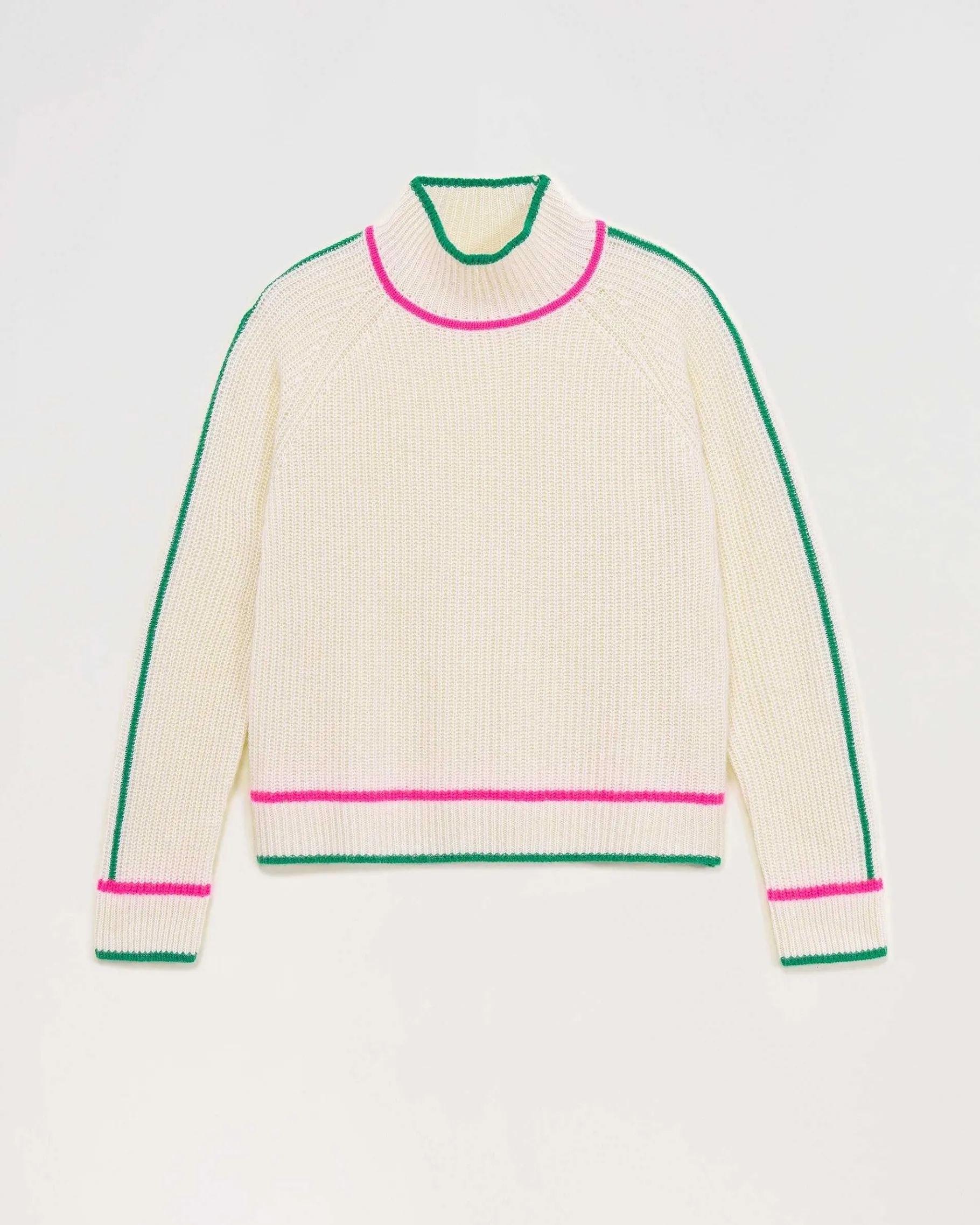 Best FROM FUTURE Pull Col Montant Tricolore Maille Perlee Ecru