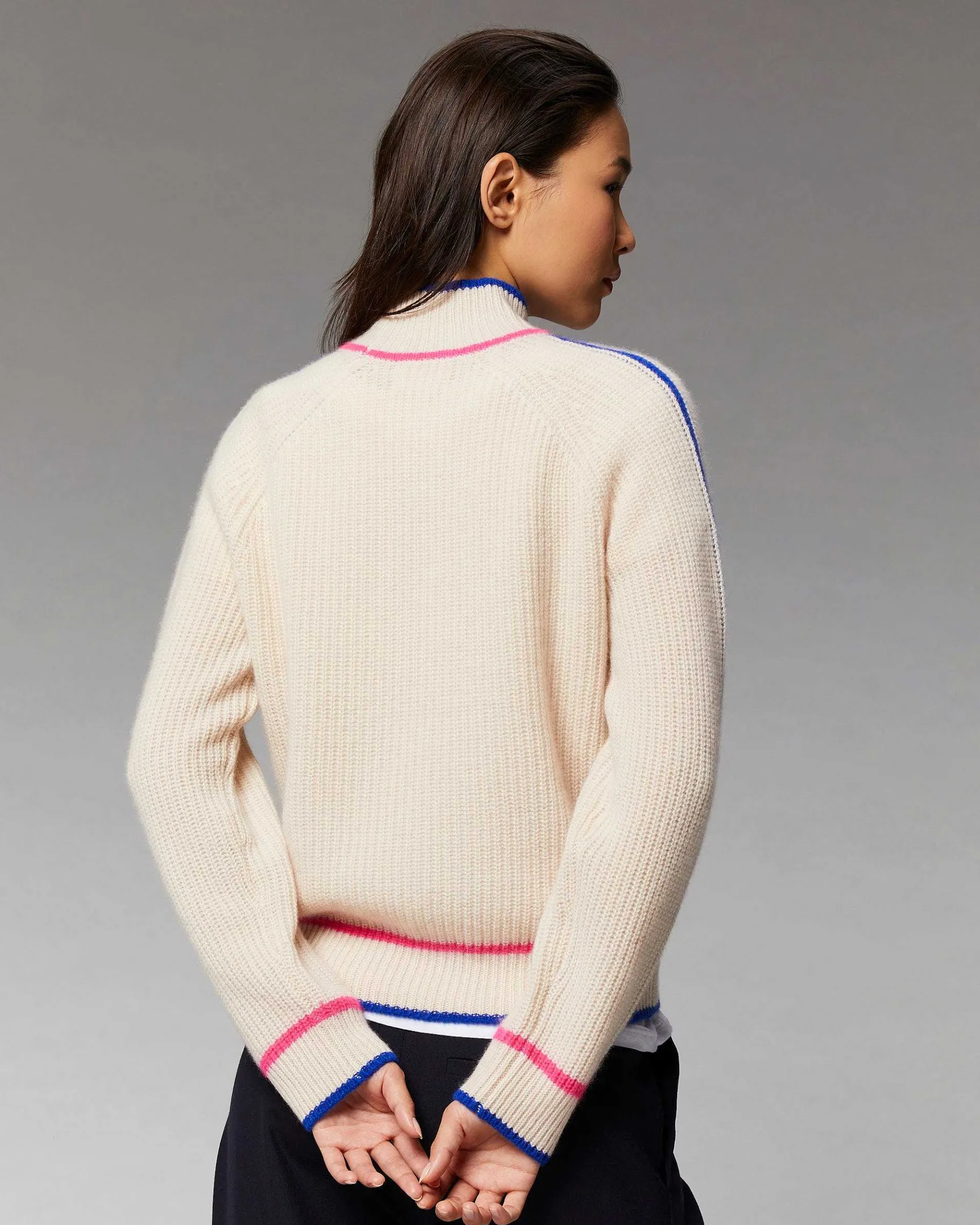 Best FROM FUTURE Pull Col Montant Tricolore Maille Perlee Ecru