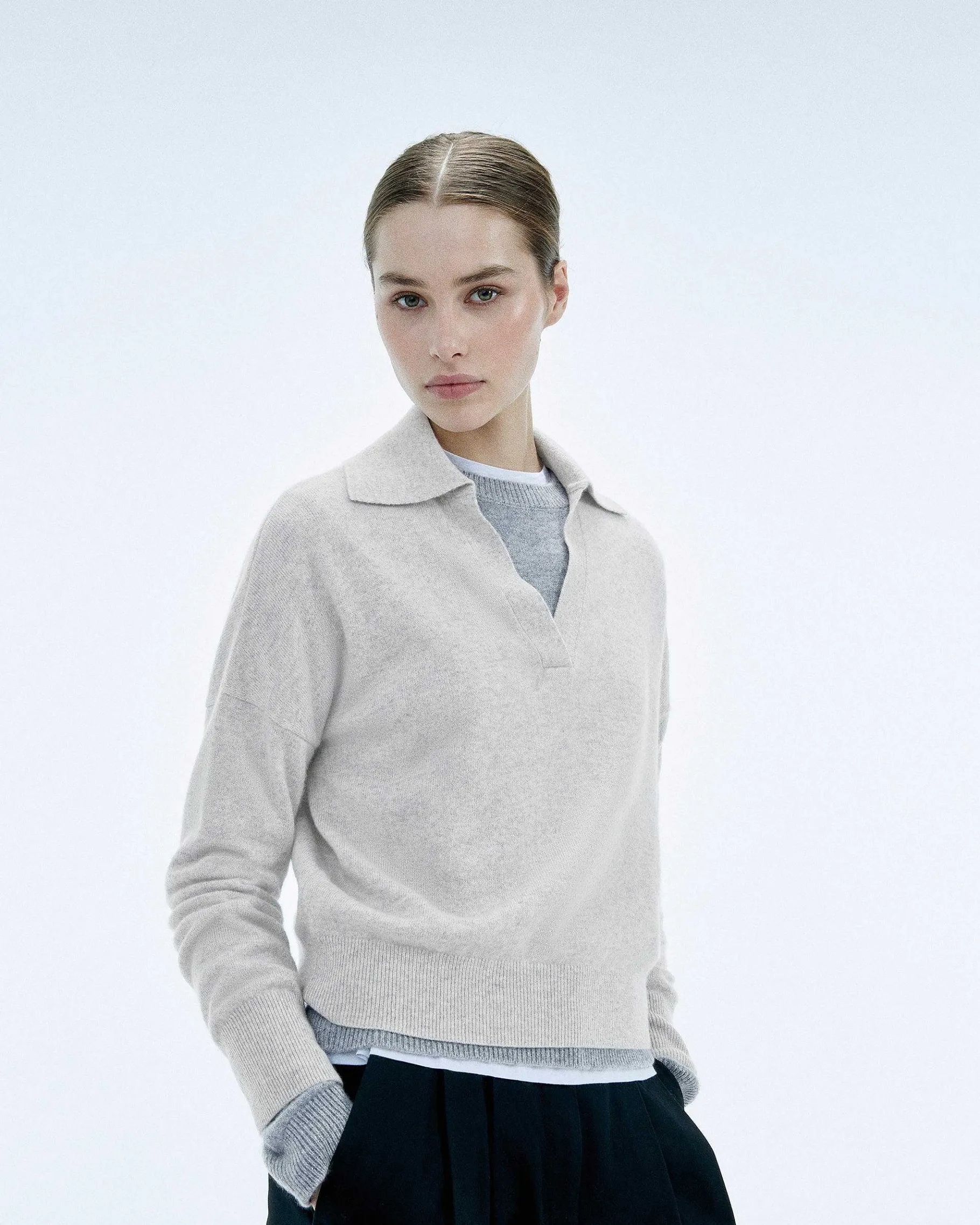FROM FUTURE Pull Col Polo Basique Gris Chine Clair