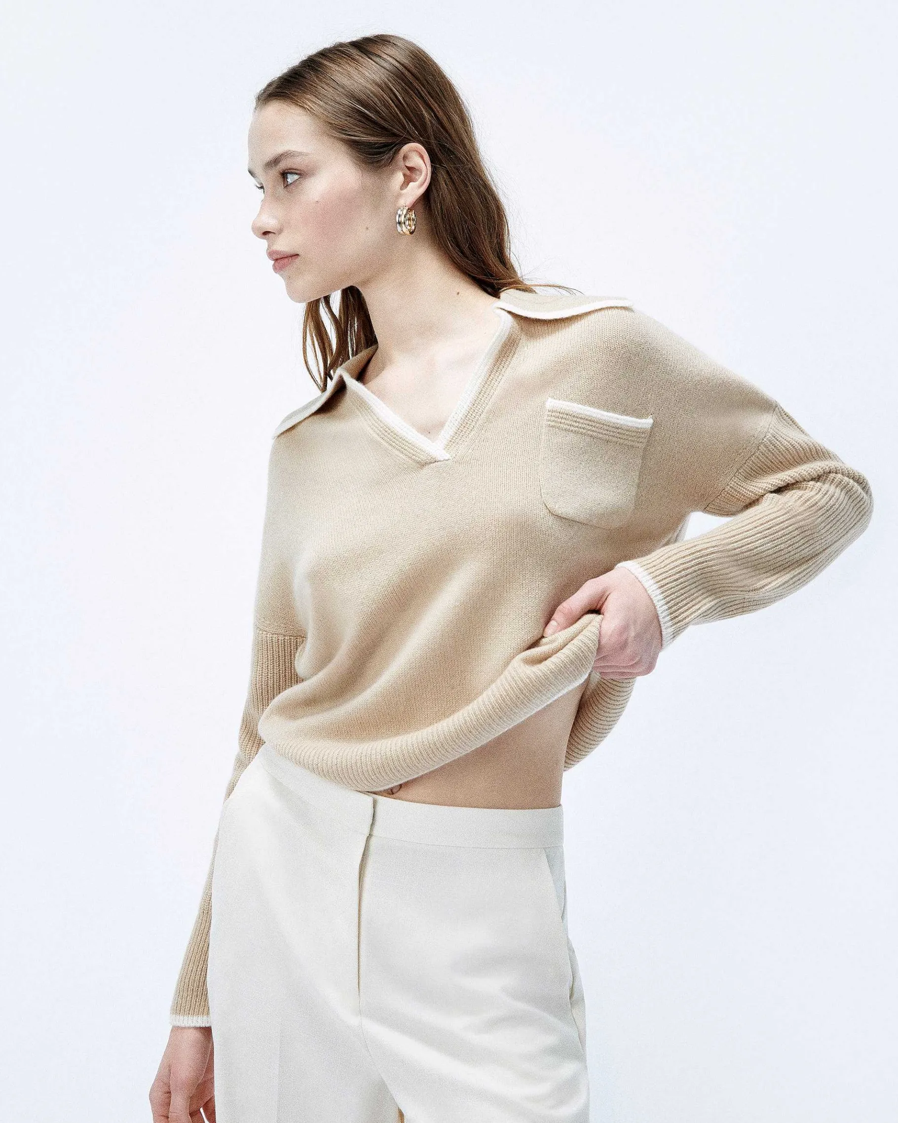 FROM FUTURE Pull Col Polo Bicolore Beige