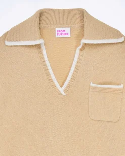 FROM FUTURE Pull Col Polo Bicolore Beige