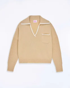 Sale FROM FUTURE Pull Col Polo Bicolore Beige