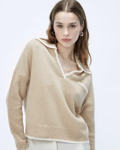 Sale FROM FUTURE Pull Col Polo Bicolore Beige