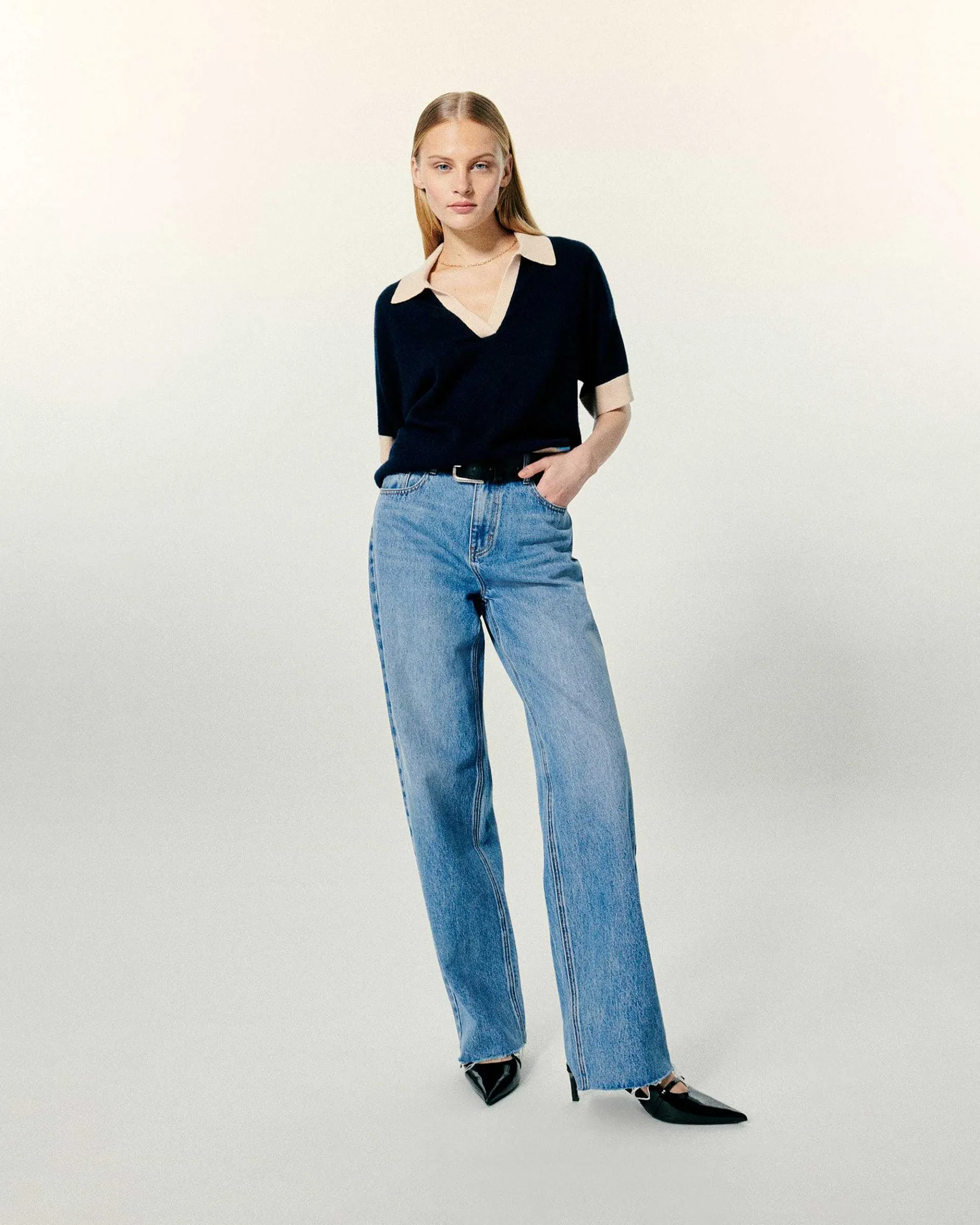 New FROM FUTURE Pull Col Polo Manches Courtes Navy