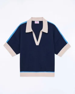 New FROM FUTURE Pull Col Polo Manches Courtes Navy
