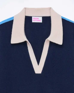 New FROM FUTURE Pull Col Polo Manches Courtes Navy