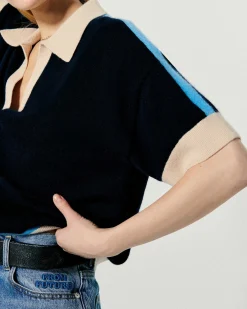 New FROM FUTURE Pull Col Polo Manches Courtes Navy
