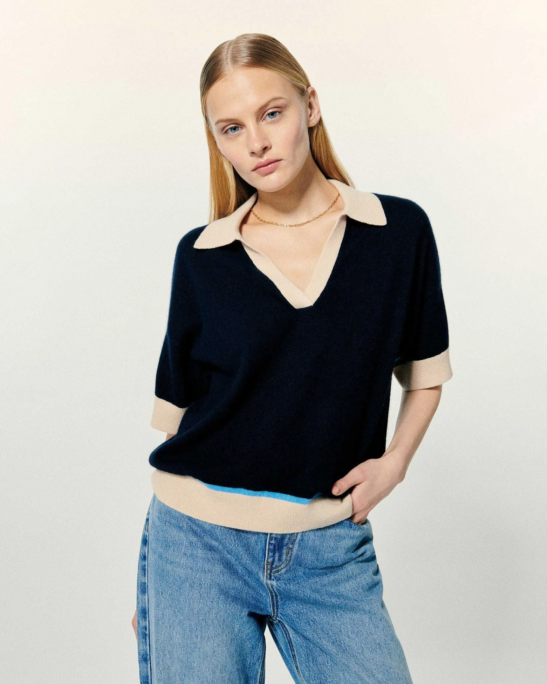 Hot FROM FUTURE Pull Col Polo Manches Courtes Navy