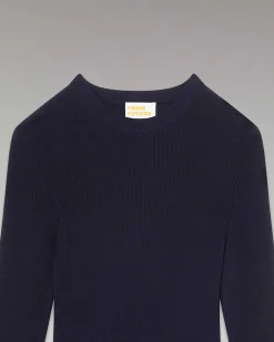 FROM FUTURE Pull Col Rond A Cotes Navy