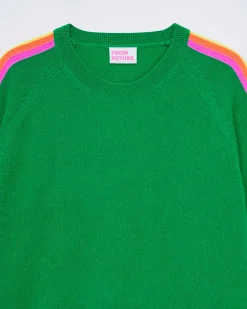 Online FROM FUTURE Pull Col Rond Bande Multicolore Aux Manches Tropical Green