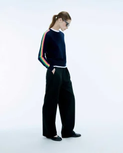 FROM FUTURE Pull Col Rond Bande Multicolore Aux Manches Tropical Blue