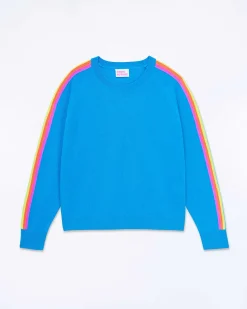 FROM FUTURE Pull Col Rond Bande Multicolore Aux Manches Tropical Blue