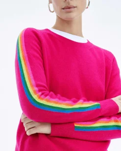 Sale FROM FUTURE Pull Col Rond Bande Multicolore Aux Manches Raspberry Pink