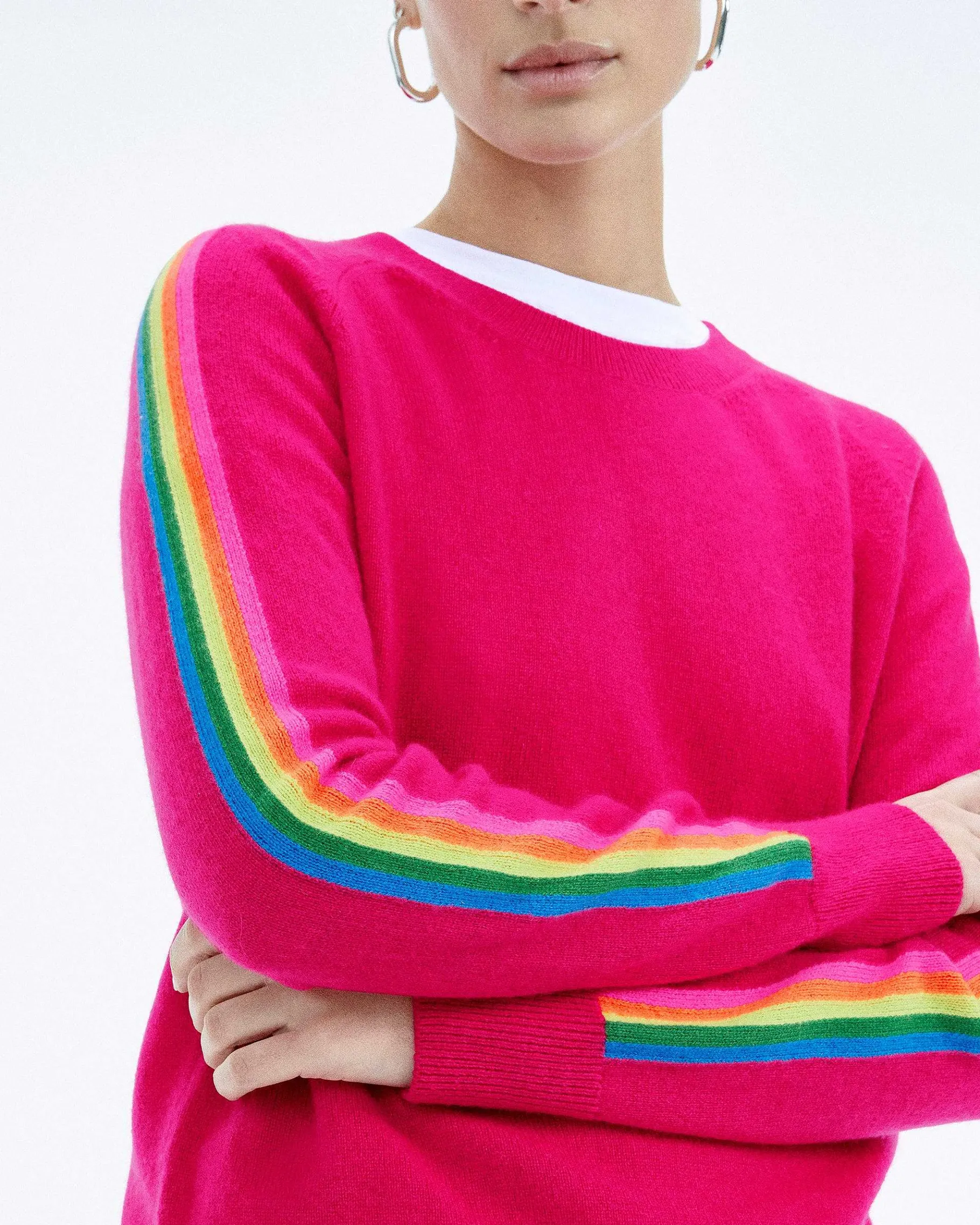 Sale FROM FUTURE Pull Col Rond Bande Multicolore Aux Manches Raspberry Pink