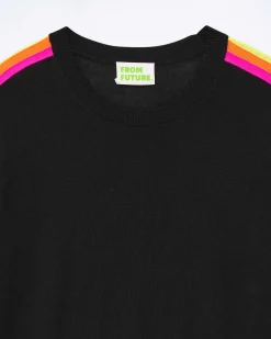 New FROM FUTURE Pull Col Rond Bande Multicolore Aux Manches Noir