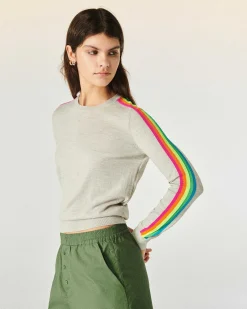 New FROM FUTURE Pull Col Rond Bande Multicolore Aux Manches Noir