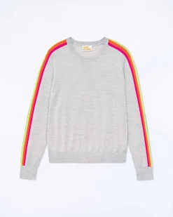 Hot FROM FUTURE Pull Col Rond Bande Multicolore Aux Manches Gris Chine Clair