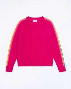 Best FROM FUTURE Pull Col Rond Bande Multicolore Aux Manches Raspberry Pink