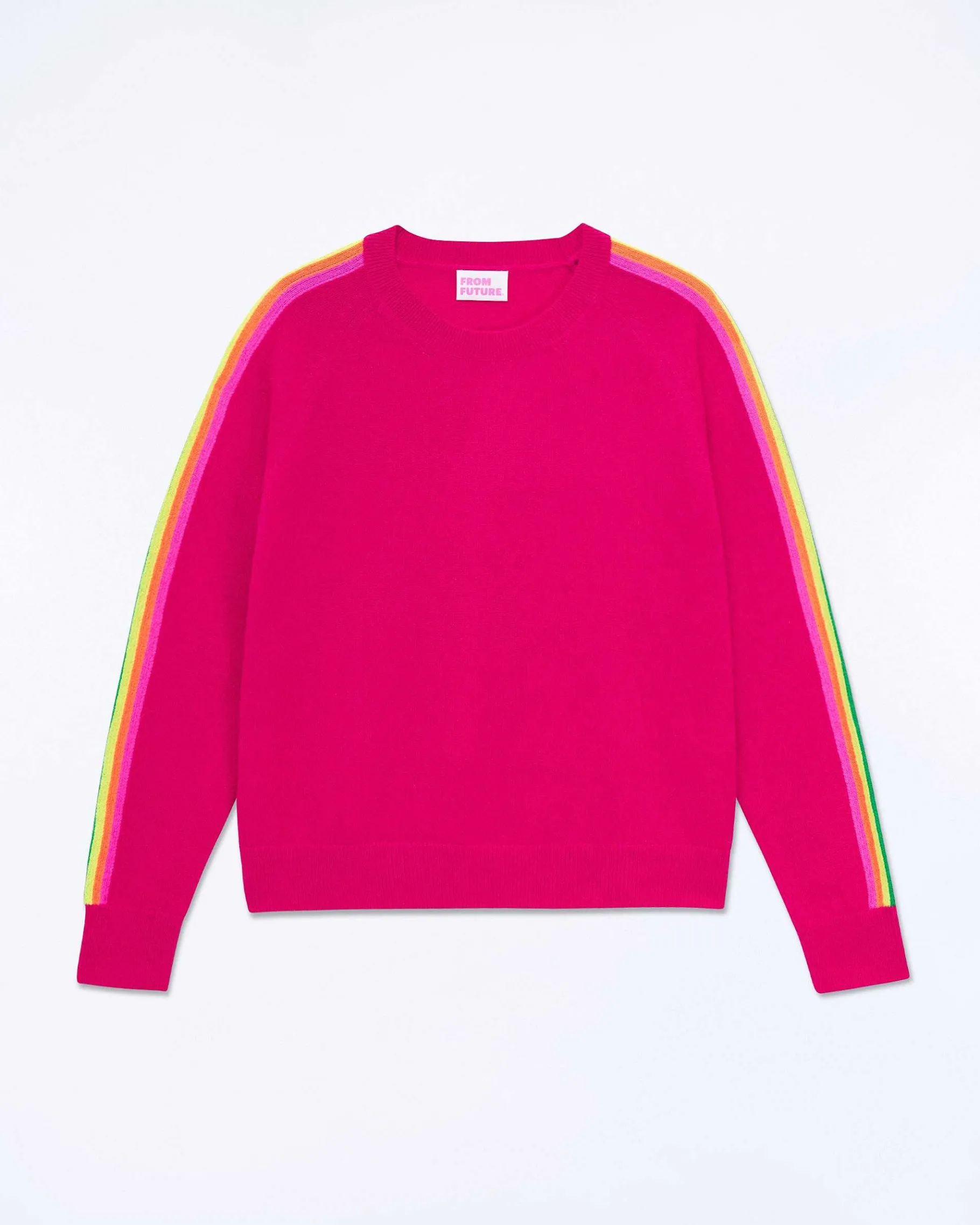 Best FROM FUTURE Pull Col Rond Bande Multicolore Aux Manches Raspberry Pink