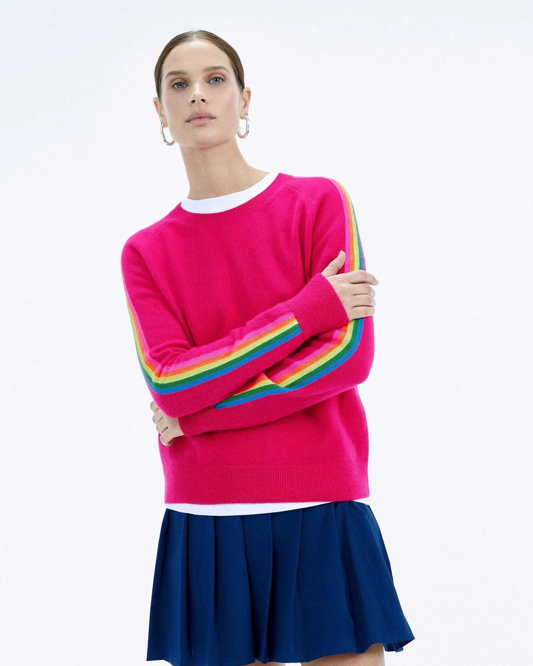 Best FROM FUTURE Pull Col Rond Bande Multicolore Aux Manches Raspberry Pink