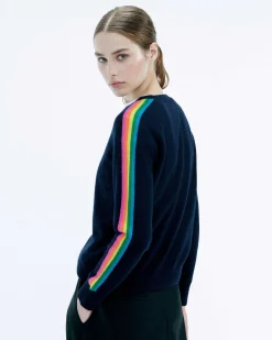 Discount FROM FUTURE Pull Col Rond Bande Multicolore Aux Manches Tropical Green