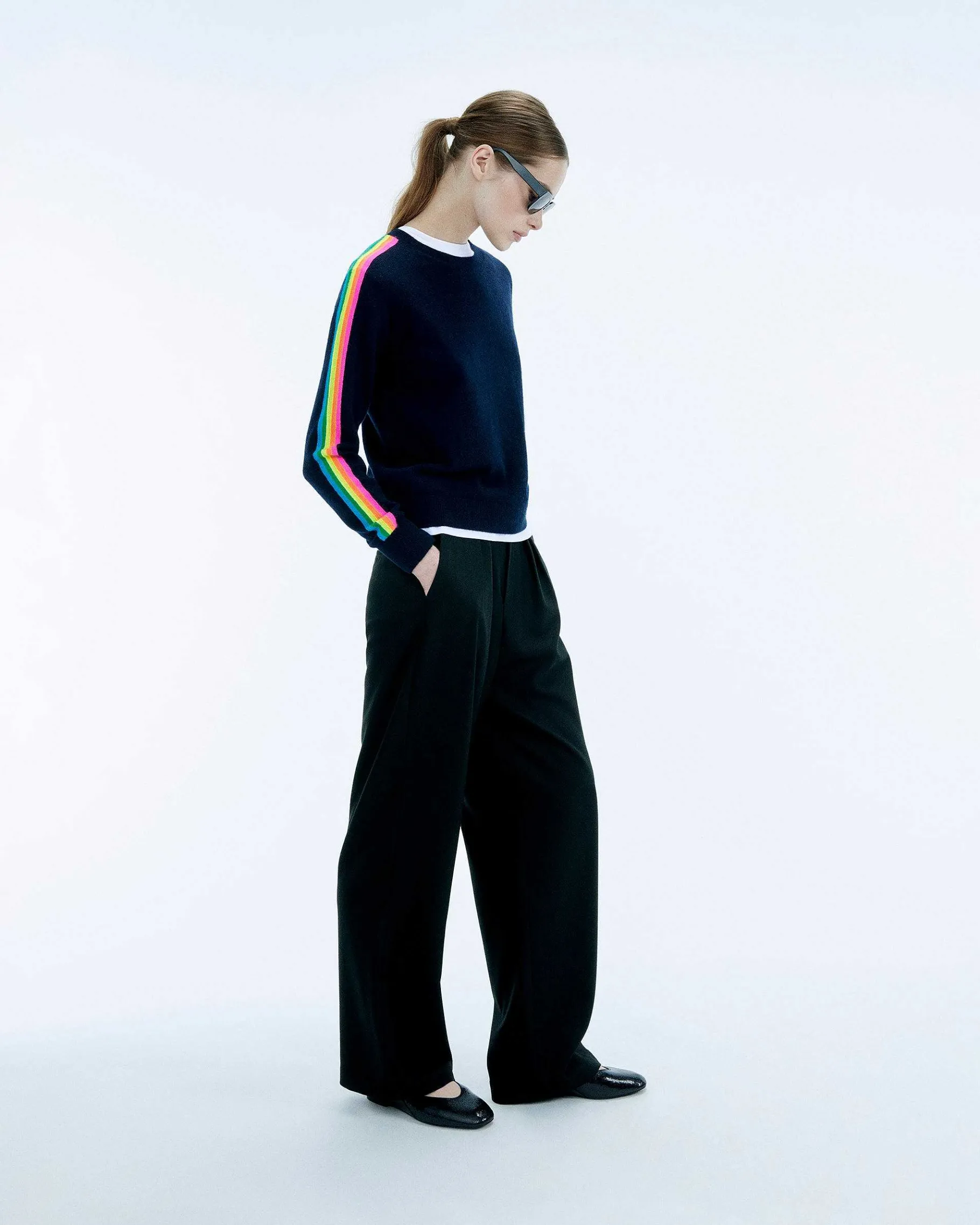 Outlet FROM FUTURE Pull Col Rond Bande Multicolore Aux Manches Tropical Blue
