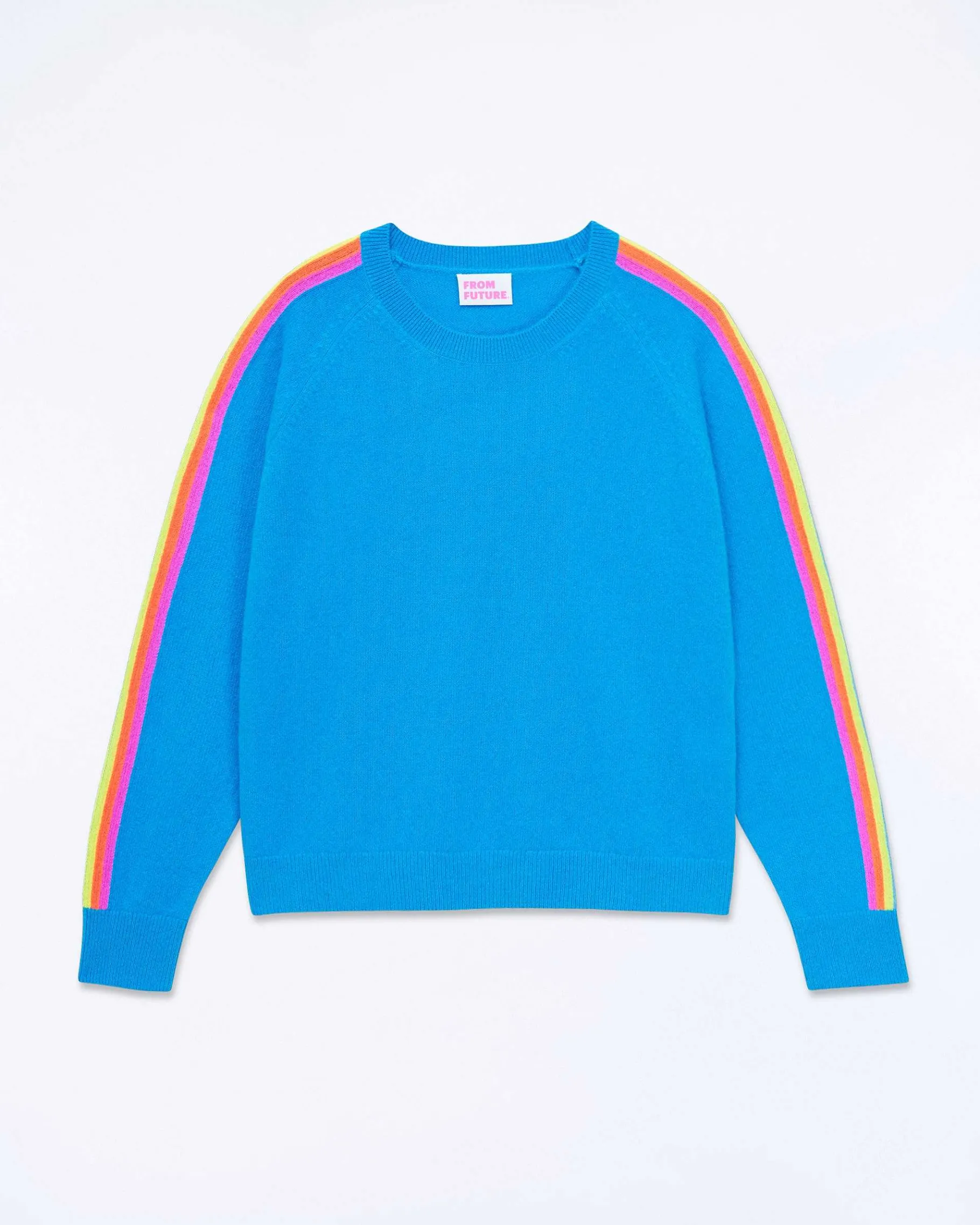 Outlet FROM FUTURE Pull Col Rond Bande Multicolore Aux Manches Tropical Blue