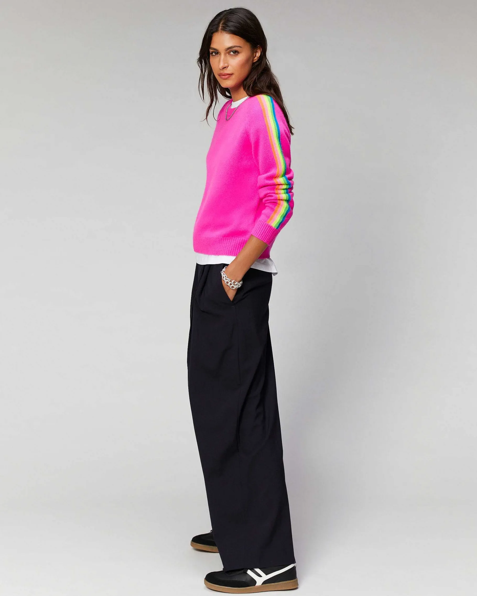 Discount FROM FUTURE Pull Col Rond Bandes Manches Multicolore Vert Gazon