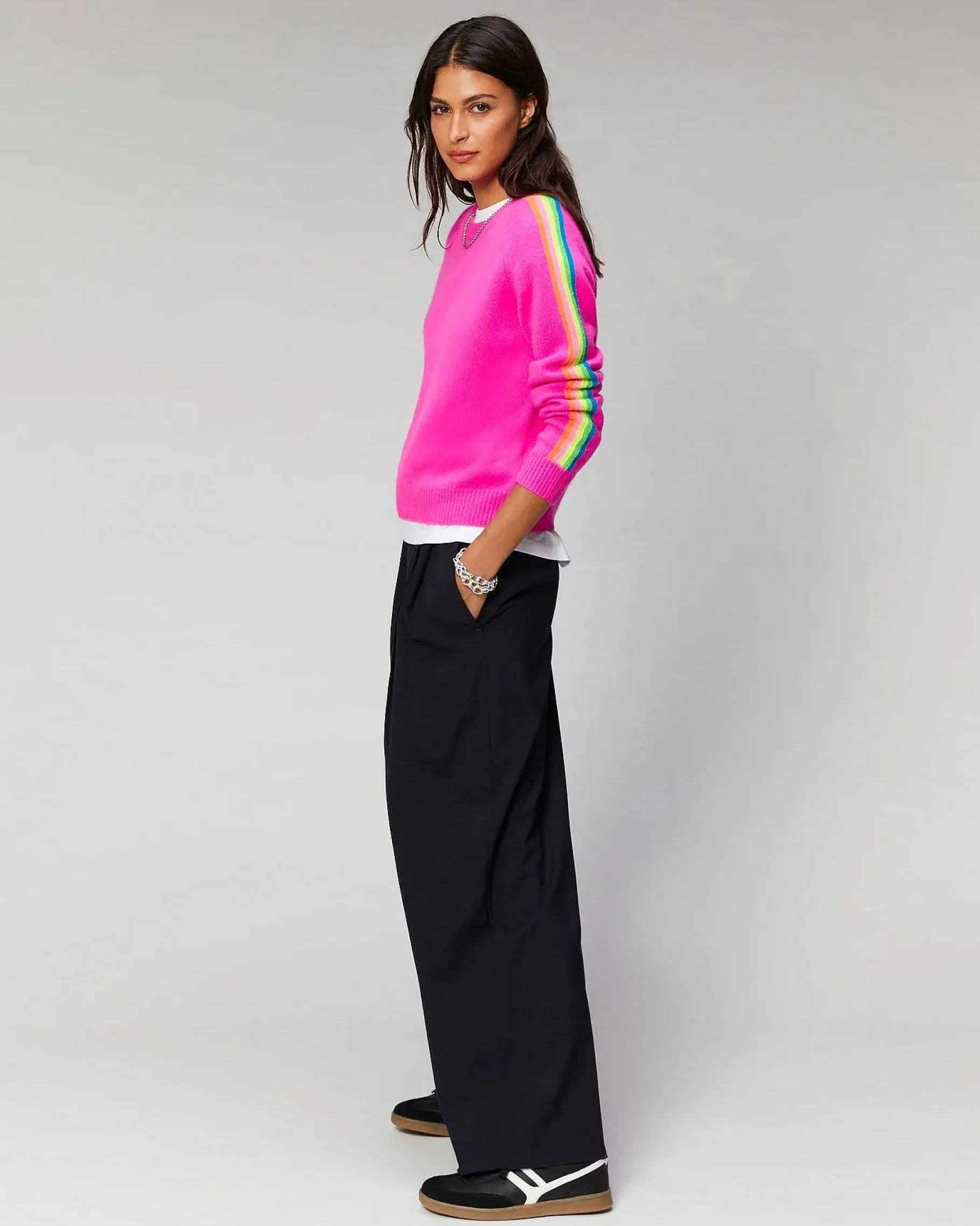 Discount FROM FUTURE Pull Col Rond Bandes Manches Multicolore Disco Orange