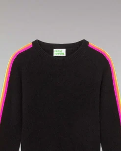 Hot FROM FUTURE Pull Col Rond Bandes Manches Multicolore Noir