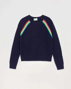 FROM FUTURE Pull Col Rond Bandes Multicolore Raglan Navy