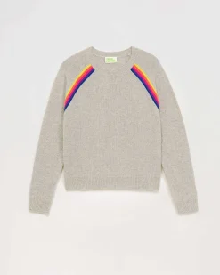 New FROM FUTURE Pull Col Rond Bandes Multicolore Raglan Gris Chine Clair