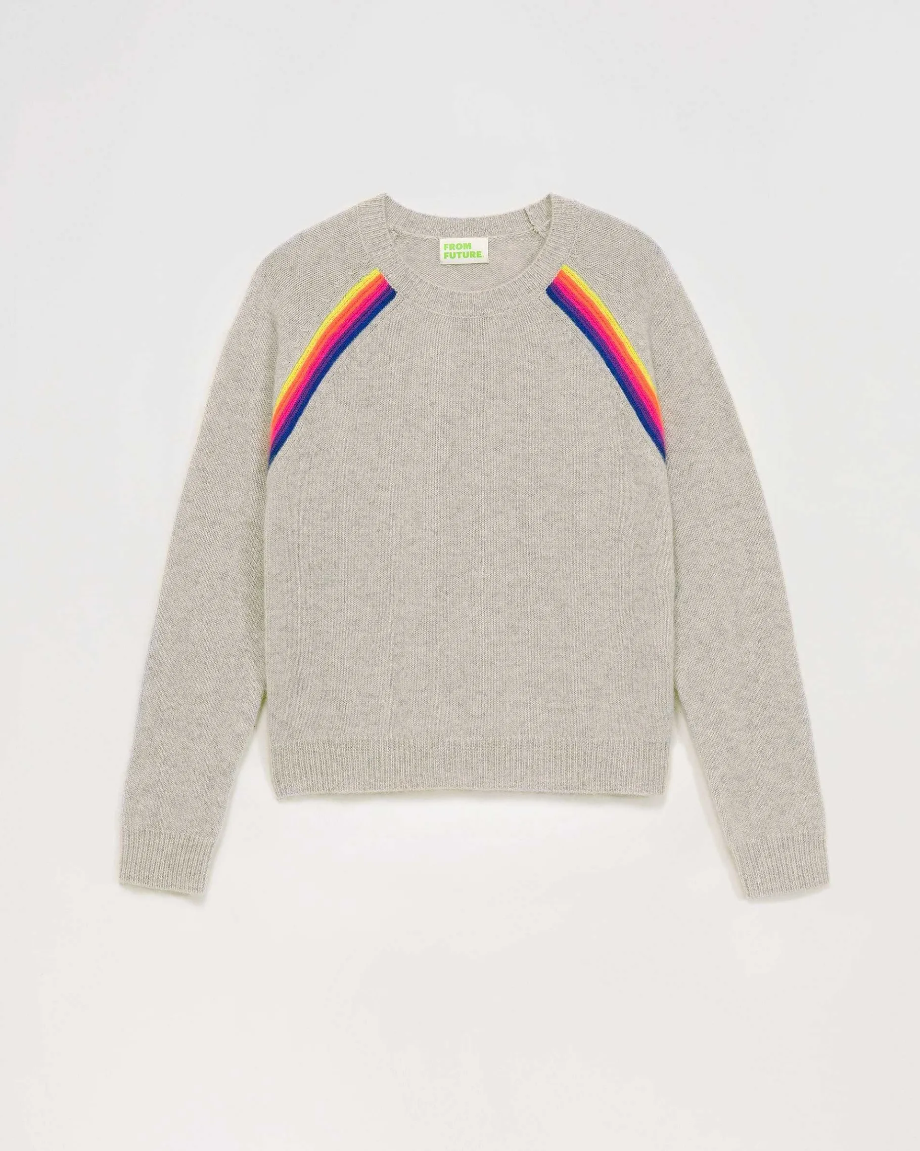 New FROM FUTURE Pull Col Rond Bandes Multicolore Raglan Gris Chine Clair