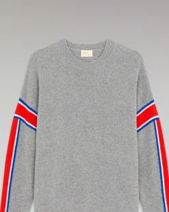 Sale FROM FUTURE Pull Col Rond Bandes Tricolore Gris Chine Fonce