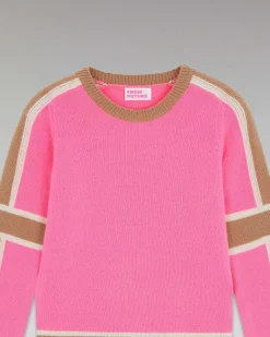 Hot FROM FUTURE Pull Col Rond Bandes Tricolore Sparkle Pink