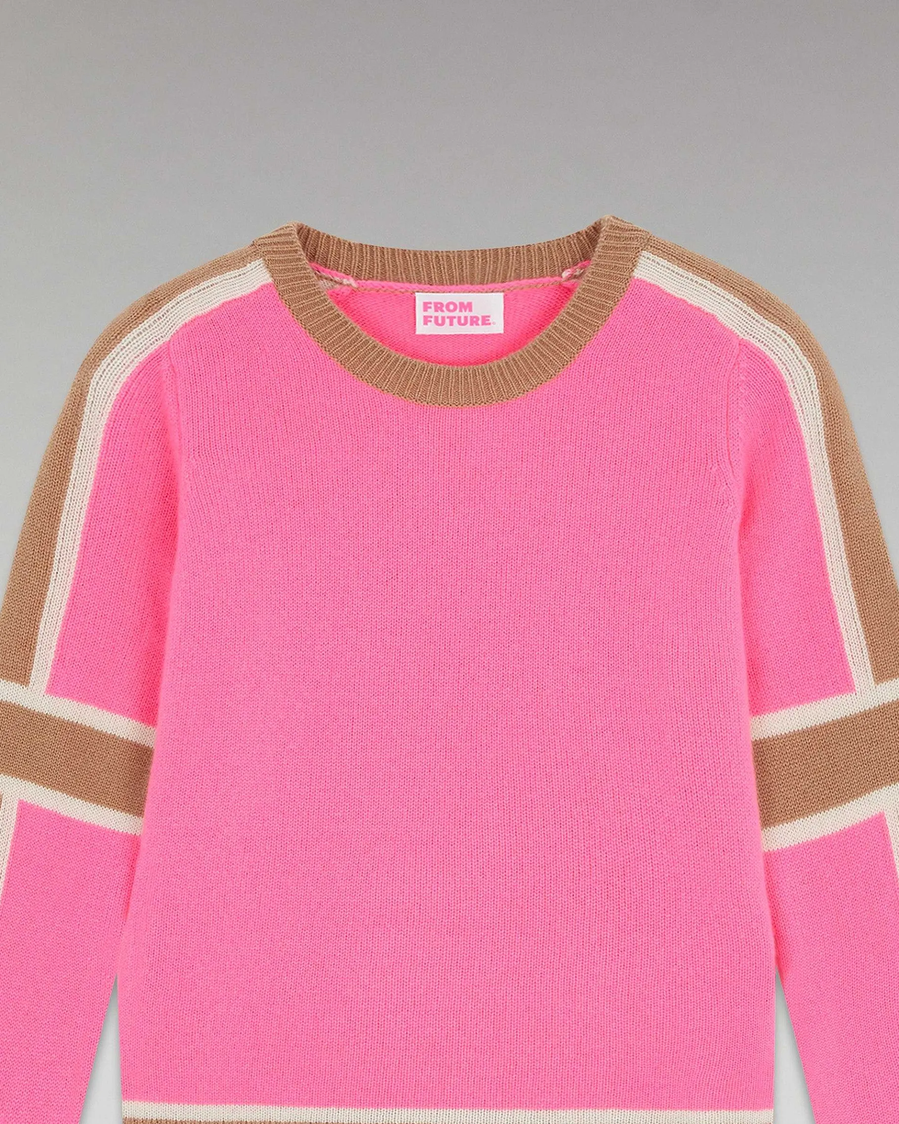 Hot FROM FUTURE Pull Col Rond Bandes Tricolore Sparkle Pink