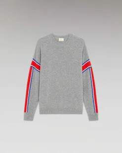 Sale FROM FUTURE Pull Col Rond Bandes Tricolore Gris Chine Fonce
