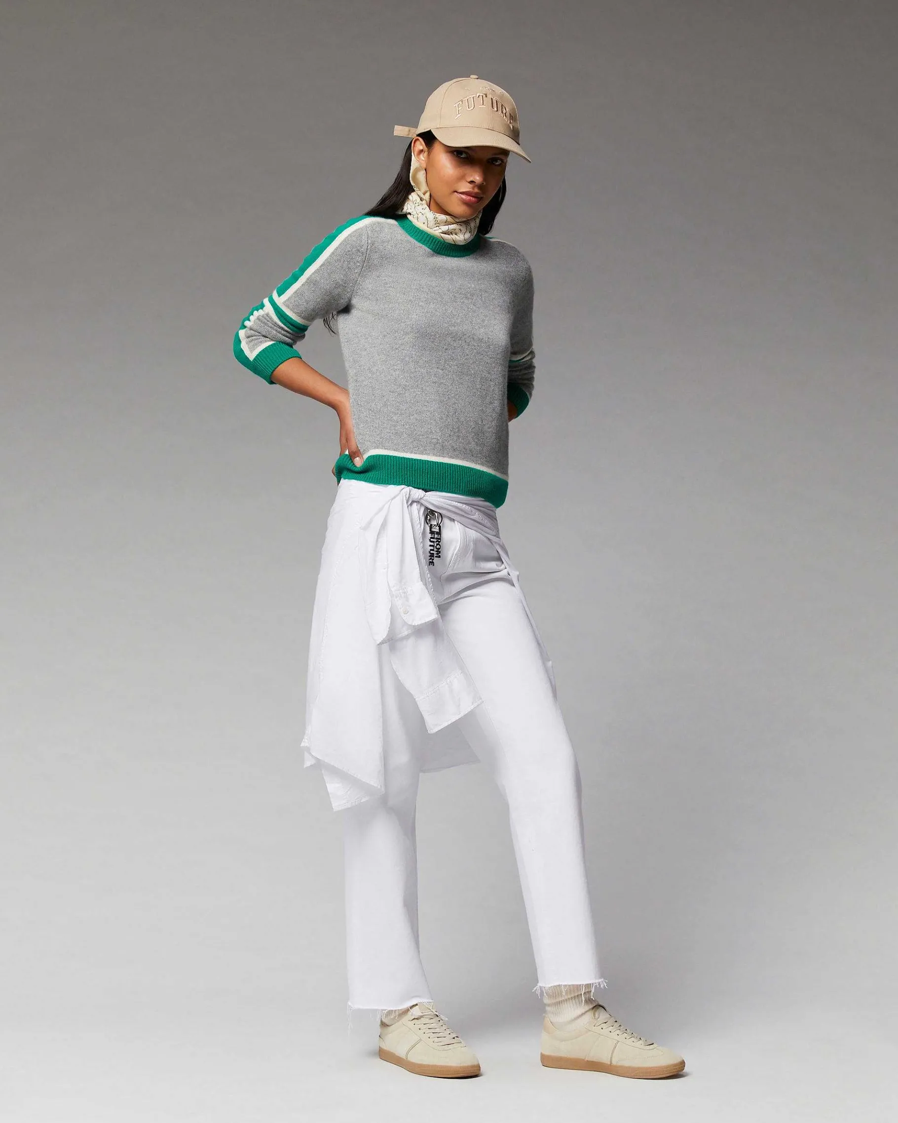 Discount FROM FUTURE Pull Col Rond Bandes Tricolore Gris Chine Fonce