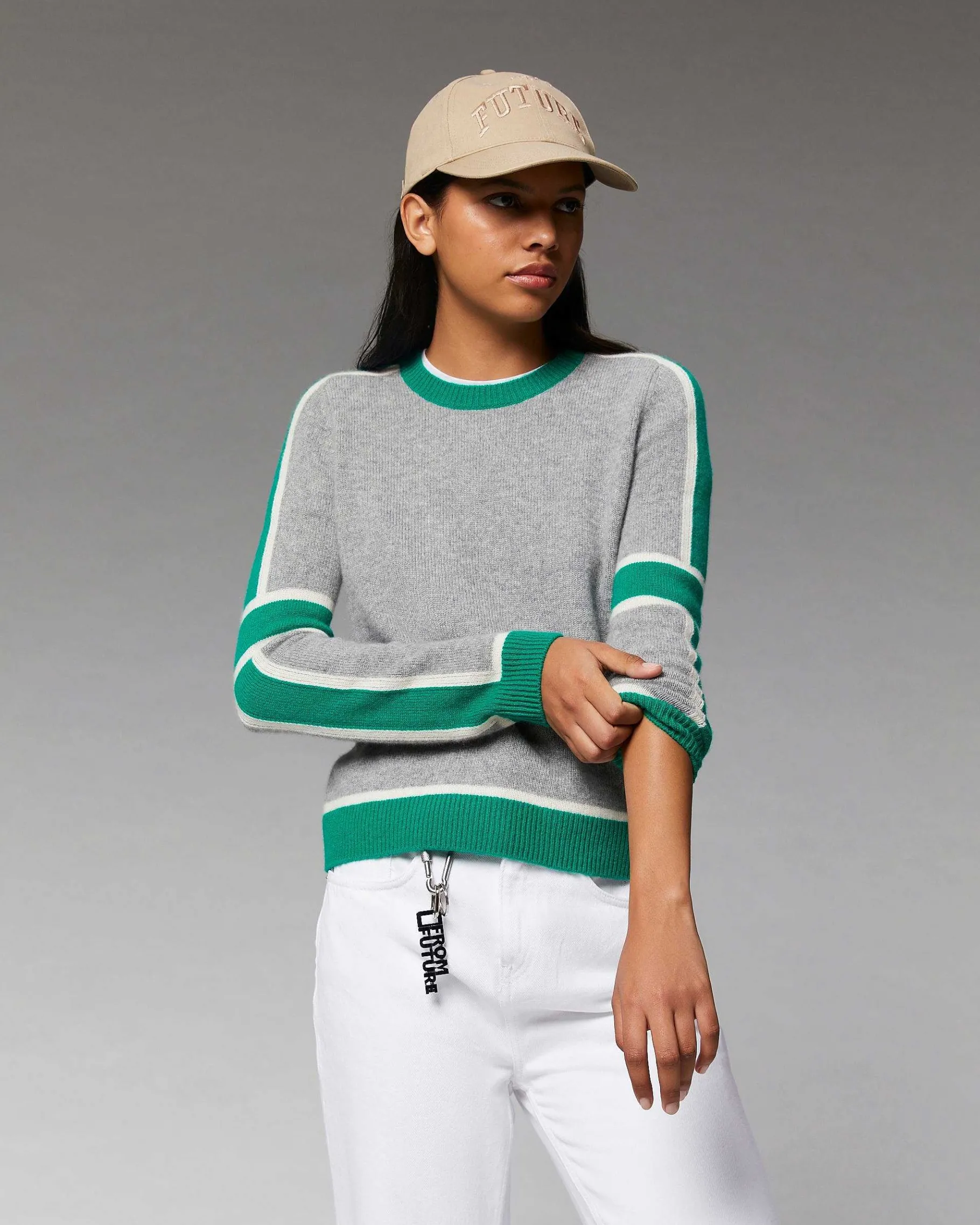 Online FROM FUTURE Pull Col Rond Bandes Tricolore Sparkle Pink