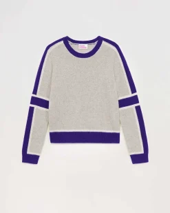 FROM FUTURE Pull Col Rond Bandes Tricolore Gris Chine Clair