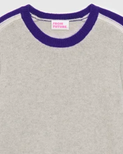 FROM FUTURE Pull Col Rond Bandes Tricolore Gris Chine Clair