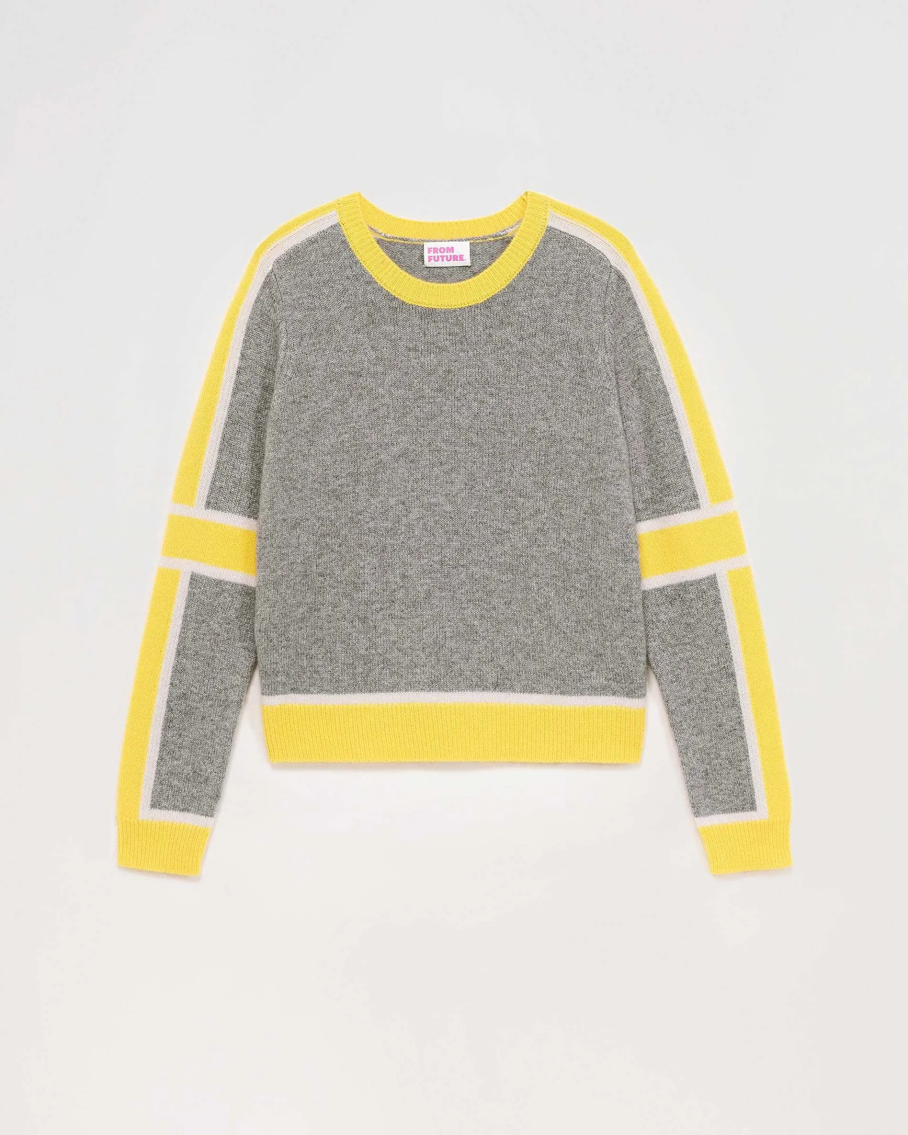 FROM FUTURE Pull Col Rond Bandes Tricolore Gris Chine Fonce