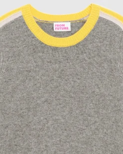 FROM FUTURE Pull Col Rond Bandes Tricolore Gris Chine Fonce