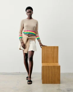 Outlet FROM FUTURE Pull Col Rond Bas A Bandes Multicolores Beige Chine