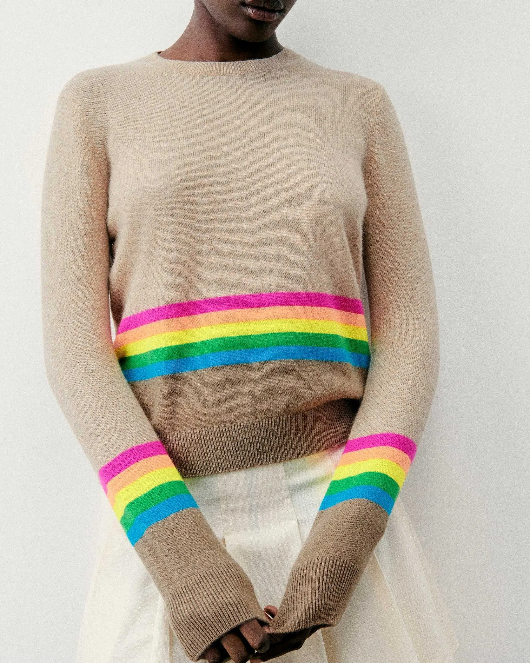 Outlet FROM FUTURE Pull Col Rond Bas A Bandes Multicolores Beige Chine