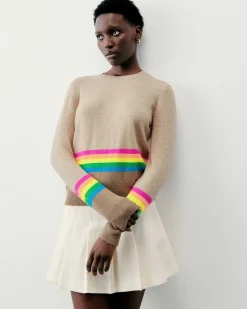 Clearance FROM FUTURE Pull Col Rond Bas A Bandes Multicolores Beige Chine